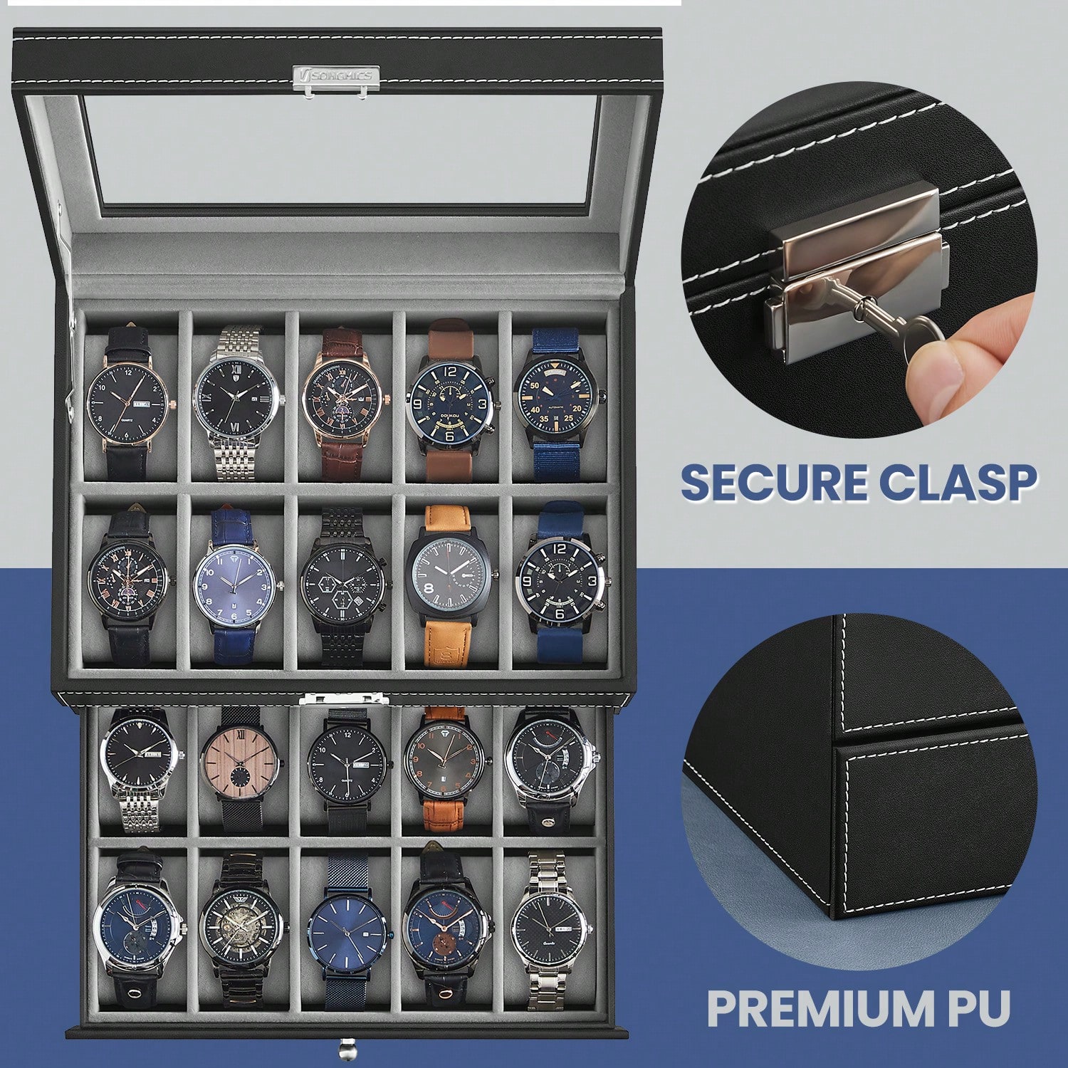 20-Slot Watch Box with Glass L - Watch Display Box 评论和价格