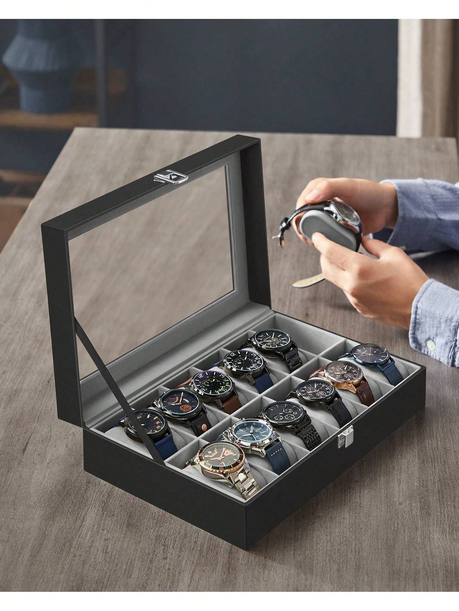 12-Slot Lockable Watch Box wit - Watch Display Box 评论和价格